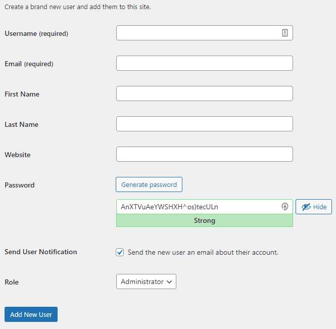 Generate new user in WordPress