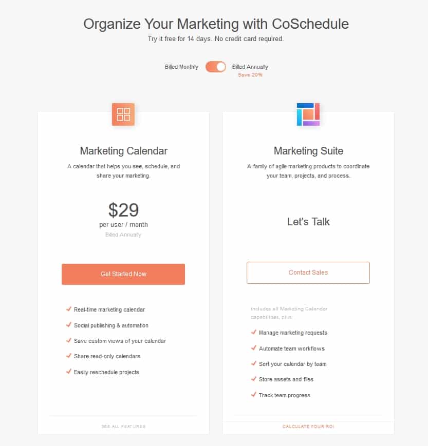 CoSchedule pricing table