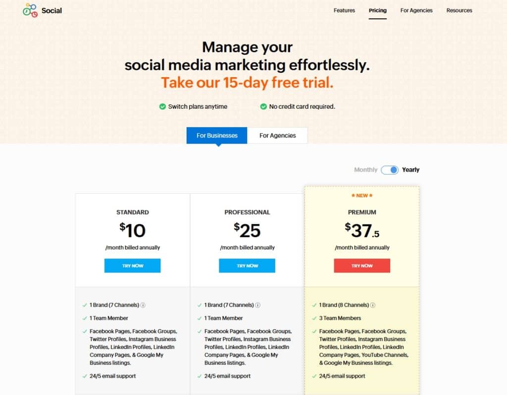 Zoho Social Pricing Table