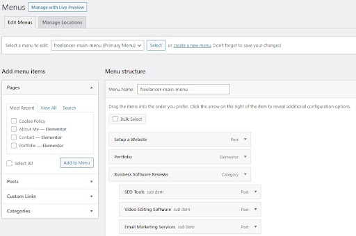 The Menu structure and how to set it up